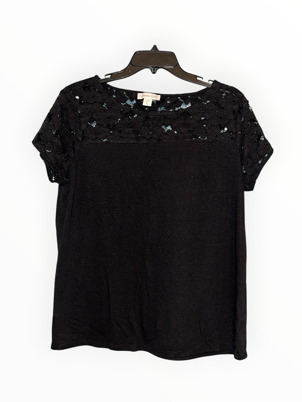 Coldwater Creek Black Linen Lace Top Blouse Short Sleeve Womens XL 16 Feminine